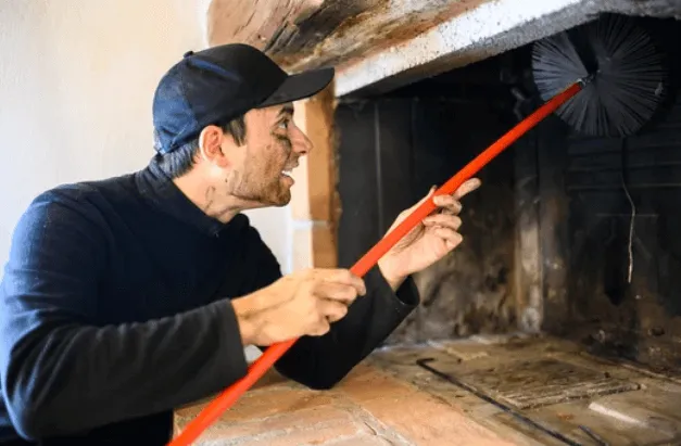 Uno spazzacamino che con la spazzola adatta pulisce dal basso un camino